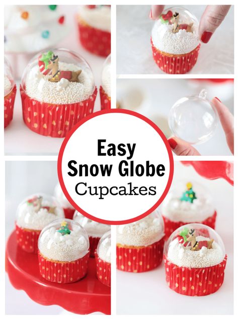 These adorable and easy snow globe cupcakes are delicious and so festive! Topped with plastic Christmas ornaments they are easy to make. Globe Cupcakes, Easy Snow Globes, Snowglobe Cookies, Snow Globe Cupcakes, Easy Christmas Cupcakes, Easy Cupcakes Decoration, Winter Cupcakes, Plastic Christmas Ornaments, Fun Holiday Food