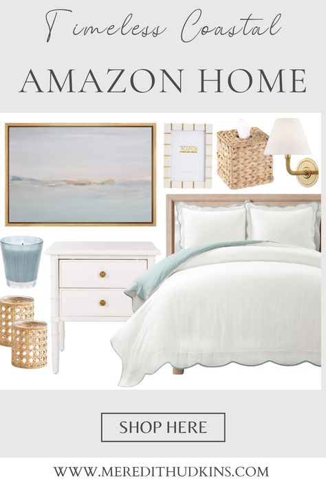 Amazon, Amazon Home, Meredith Hudkins, preppy, classic, traditional home, decor, grandmillennial, timeless home decor, coastal home, decor, scallop, bedding, framed, art, affordable, art, white, nightstand, coastal style, rattan, wall, sconce, lighting, woven, tissue box, picture, frame, candle, primary bedroom, guest bedroom, bedroom, home decor Small Coastal Guest Bedroom, Clean Coastal Bedroom, Amazon Guest Bedroom, Coastal Bedroom Decor Ideas, Hamptons Bedroom Master Suite, Scallop Bedding, Coastal Primary Bedroom, Costal Bedroom Idea, Classic Traditional Home Decor