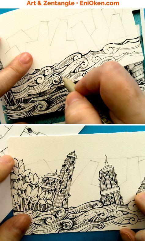 Skyline on Phi Class and Pop-up card — Eni Oken Eni Oken, Zentangle Artwork, Doodle Pages, Tangle Art, Zentangle Drawings, Blog Video, Class Design, Online School, Zentangle Art