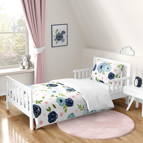 PRICES MAY VARY. 5 Piece Set Includes: (1)Toddler Comforter, (1)Sham, (1)Pillow Case, (1)Flat Sheet, (1)Fitted Sheet Comforter: 60 in. x 48 in., Standard Sham: 20 in. x 26 in., Standard Pillowcase: 20 in. x 30 in., Fitted Sheet: 52 in. x 28 in. x 8 in. pocket, Flat Sheet: 70 in. x 42 in. This set boasts a hand painted watercolor floral print and a mini blue polka dot fabric This set is made of brushed microfiber fabric and is machine washable. Tumble dry low This design has matching accessories Toddler Bed Girl, Toddler Bed Boy, Toddler Comforter, Kids Comforters, Girl Bedding, Girls Bedding Sets, Toddler Girl Room, Toddler Bed Set, Toddler Bedding