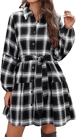 Flannel Over Dress, Womens Plaid Dress, Casual Tunic Dress, Long Sleeve Dresses Fall, Flannel Dress, Casual Tunics, Mini Dresses For Women, White Plaid, Plaid Dress