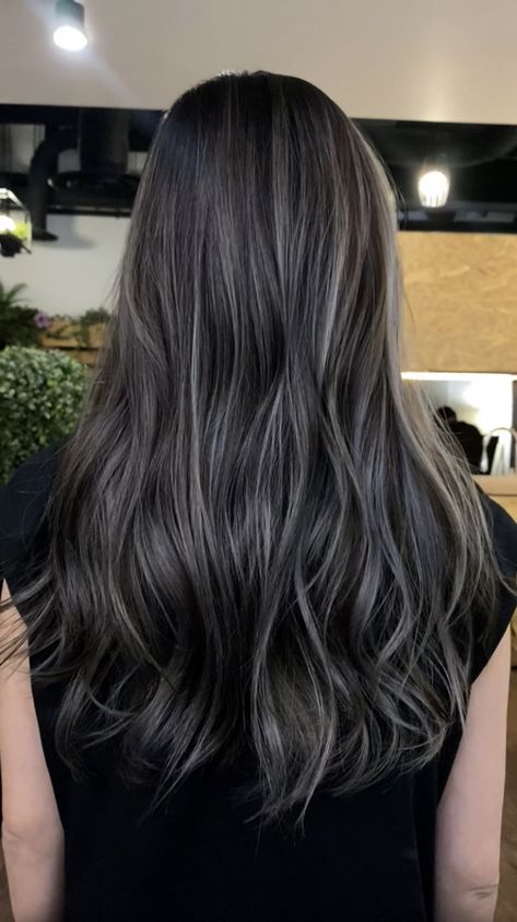 Highlites For Dark Hair Brunettes, Brunette Grey Highlights, Black Gray Balayage, Ash Highlights Dark Hair, Dark Ash Gray Balayage, Ash On Black Hair, Balayage Hair Gray Ash Blonde, Ash Blonde In Black Hair, Ash Gray Highlights On Brown Hair