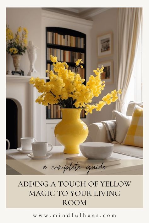 A country home living room decorated in white with yellow accents Decorating With Yellow Accents, Living Room Yellow Accents, Pale Yellow Walls, Ivory Living Room, Yellow Aesthetics, Sanctuary Home Decor, Yellow Accent Chairs, Yellow Accent Walls, Yellow Decor Living Room