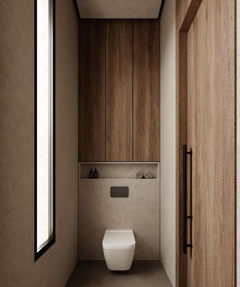 Step into the guest bathroom, and let the grace and understated elegance of the wabi sabi minimal style surround you. The pure lines and… | Instagram Wc Ledge Wall Design, Closed Toilet In Bathroom, Walnut Powder Room, Compact Powder Room, Small Toilet Designs, Toilet Cabinet Design, Toilet Niche Design, Sink Next To Toilet, Small Toilet Room Design