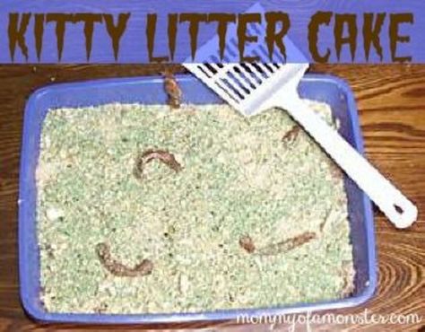 This Kitty Litter Cake recipe might not look very appetizing, but it tastes really good! If you know a cat lover, this is the perfect cake to make them! Kids love it too. Kitty Litter Cake, Halloween Cake Recipes, Candy Cat, Cow Cakes, Kitty Litter, Pooper Scooper, Green Food Coloring, White Cake Mixes, Chocolate Cake Mixes