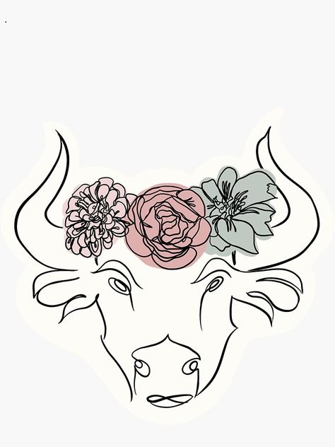 "Taurus Floral Line Drawing" Sticker by emmajmc | Redbubble Taurus Line Art, Bull Drawing Taurus, Taurus Art Drawing, Taurus Sketch, Taurus Bull Art, Taurus Drawing, Taurus Painting, Taurus Stickers, Taurus Design