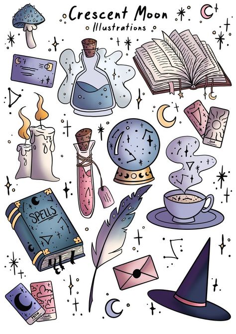 Magic Illustration, Drawing Line Art, Theme Harry Potter, Props Art, Bullet Journal Diy, Scrapbook Stickers Printable, Bullet Journal Stickers, Witch Art, 판타지 아트