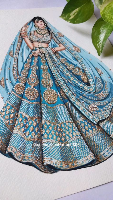 Indian Wedding Outfits Drawing, Indian Lehenga Drawing, Lehanga Drawing Design, Indian Bridal Lehenga Illustration, Bridal Illustration Sketches, Traditional Illustration Indian, Bride Fashion Illustration Weddings, Bridal Lehenga Illustration Sketches, Lehenga Designs Illustration