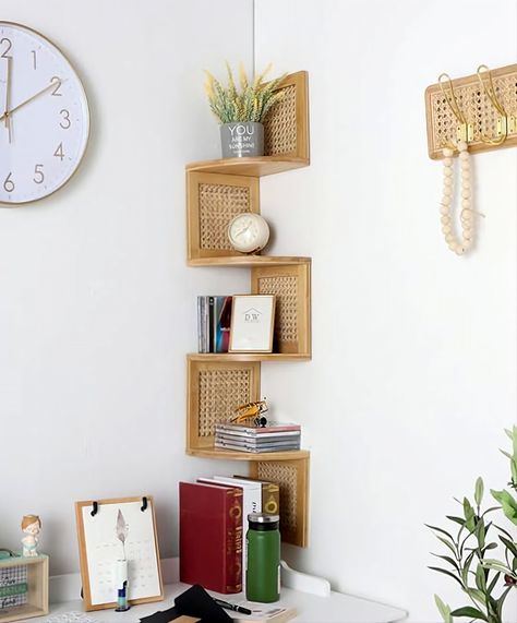 Bamboo 4-Tier Corner Shelf Natural Rattan Floating Corner Shelves Wall Mount Shelves for Living Rooms, Bedroom, Office(Light Brown) Corner Shelves Floating, Corner Wall Shelves Bedroom, Wall Mount Shelves, Office Light, Floating Corner Shelves, Shelves Wall, Corner Shelf, Office Lighting, Room Storage