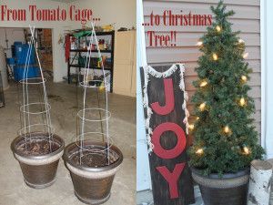 Tomato Cage Crafts Christmas, Christmas Topiary Outdoor Diy, Tomato Cage Holiday Ideas, Tomato Cage Ribbon Tree, Tomato Cage Crafts Outdoor Christmas, Tomato Cage Diy Christmas, Christmas Tree From Tomato Cage Ideas, Tomato Cage Xmas Tree, Diy Porch Trees Christmas