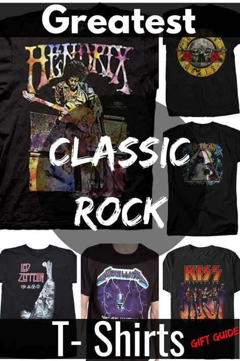 Classic Rock t shirts that make great gift ideas for the rock fan in your life. If you know someone loves a band, then its hard to go wrong on a great rock t shirt. Rock Band Shirt Outfits, Rock Band T Shirts Outfits, Rock Tees Outfit, Band Shirt Outfits, Band Shirt Ideas, Rock Tshirts, Rock Band T Shirts, Classic Rock Tshirts, Vintage Rock T Shirts