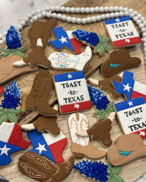 Tôast to Texas! A fun play on their last name Tô and throwing a Texas themed party. I love how creative it is! All things Texas, enjoy! #cookiesthatclapp #sugarcookies #customsugarcookies #decoratedsugarcookies #decoratedcookies #customcookies #royalicing #royalicingcookies #edibleart #texas #texascookies #texascookiers Texas Themed Food, Texas Two Step Birthday Party, Texas Birthday Party, Texas Themed Party, Texas Party Decorations, Texas Two Step, Texas Party, Goodbye Party, Texas Theme