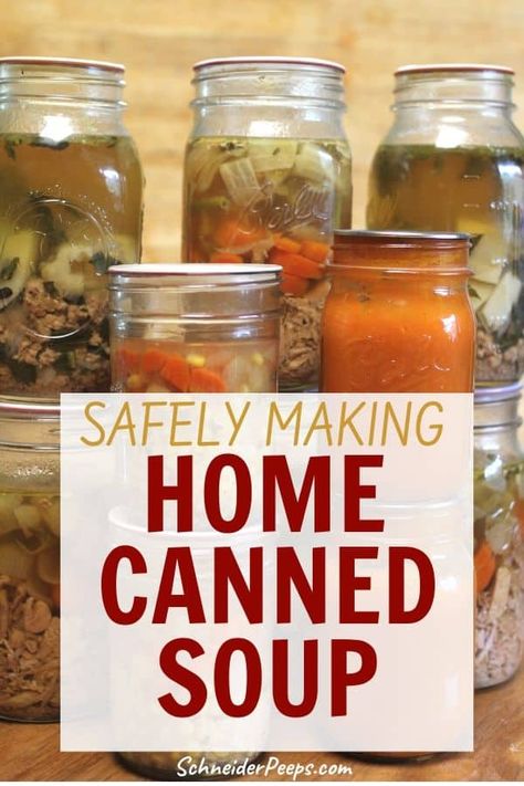 Canning soup at home is a great way to be prepared for emergencies and for busy weeknight dinners. Using a pressure canner, you can safely can soups in your own kitchen. Fill your pantry with beef stew, chicken soup, chili con carne, ham and bean soup and more. Learn how to safely can soup in your kitchen and get safe home canned soup recipes in this step by step guide. #PreservingFood #FromScratch #SimpleLiving #Homesteading Canning Chili, Can Soup Recipe, Canning Soup Recipes, Easy Canning, Pressure Canning Recipes, Canned Soup, Home Canning Recipes, Canning Vegetables, Canning Food Preservation