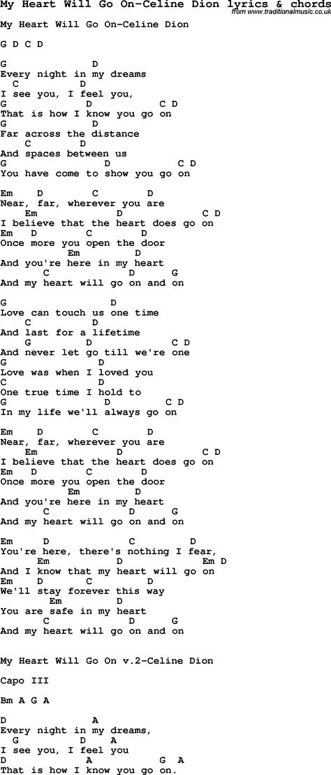 Love Songs Guitar Chords, Song Lyrics With Piano Chords, Song Guitar Chords Lyrics, My Heart Will Go On Piano, Guitar Chords And Lyrics Songs, My Heart Will Go On Lyrics, Acoustic Guitar Chords For Songs, Ukelele Chords Songs Easy, My Heart Will Go On