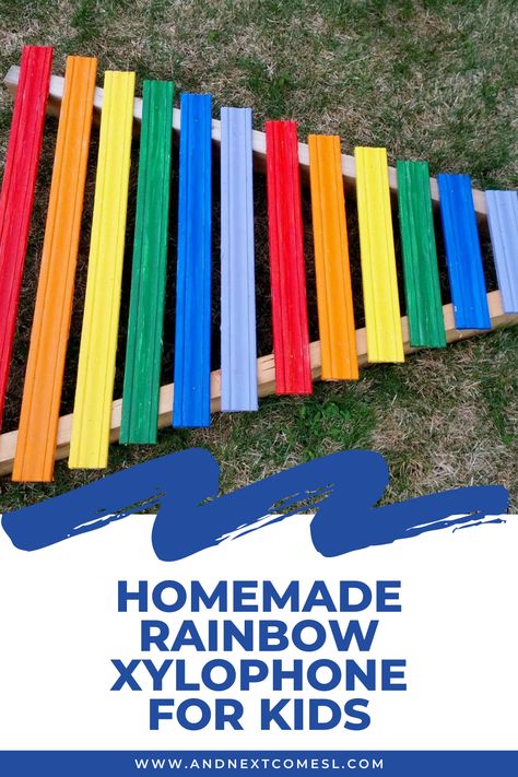 Giant DIY outdoor rainbow xylophone tutorial: find out how to make a homemade xylophone for kids right at home using recycled materials. Your kids are going to love playing on this homemade musical instrument! #Xylophone #RainbowXylophone #HomemadeMusicalInstruments #Kids #HomemadeXylophone How To Make A Xylophone, Home Made Musical Instruments For Kids, Diy Musical Instruments Projects, Homemade Xylophone, Musical Instrument Crafts For Kids, Diy Xylophone, Pvc Pipe Instrument, Musical Playground, Backyard Toys For Kids