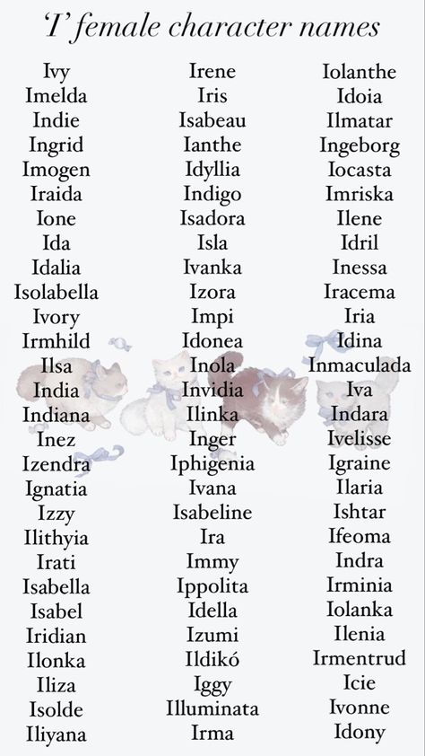 Girl names beginning in the letter ‘I’. Character Names Ideas With Meaning, Name For Characters Female, Royalty Names Daughters, British Female Names, British Last Names For Characters, Mythical Female Names, Medieval Fantasy Names, Main Character Names Female, Dnd Names Female