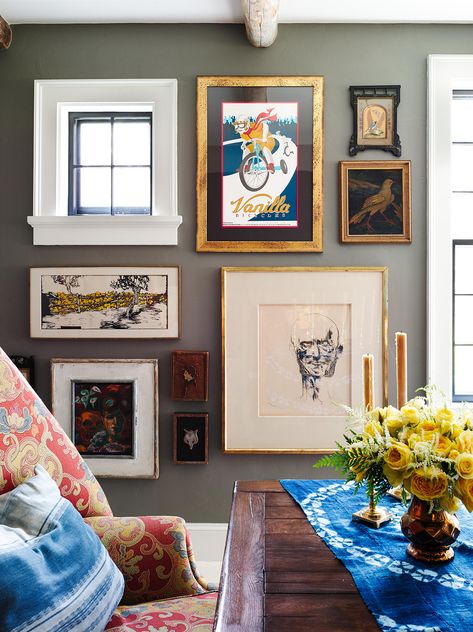 Gallery walls don’t require a grand space to make a stylish impact. Seek out quirky nooks and crannies in your home that would make an excellent host for a salon wall. #gallerywall #gallerywallideas #gallerywalllayout #blankwallideas #bhg Gallery Wall Themes, Red Brick Cottage, Designer Paint Colors, Grey Walls Living Room, Brighten Room, Unique Gallery Wall, Perfect Gallery Wall, Light Grey Walls, Wall Paint Colors