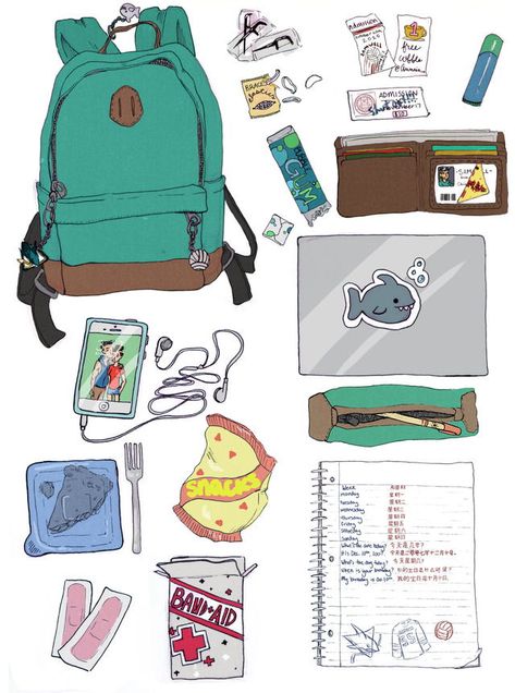 Backpack Drawing, What's In My Backpack, In My Backpack, Backpack Art, My Backpack, Bag Illustration, Inside My Bag, Props Art, Drawing Bag