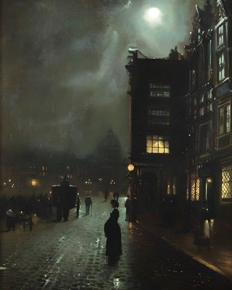 Titania on X: "I love the atmosphere of this London street scene by Victorian painter Walter Linsley Meegan (1859-1944) https://t.co/s8lPKaADyQ" / X Victorian Street, Dark Gothic Art, Victorian Paintings, Victorian Aesthetic, London Poster, Victorian London, London Aesthetic, Ocean Wallpaper, Dark Gothic