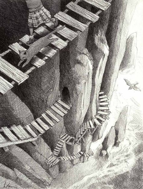 Rope Bridge Drawing, Going Down The Stairs Drawing, Standing On A Cliff Drawing, Hanging Off A Cliff Drawing, Hanging Bridge Drawing, Bridge Over Water Drawing, Stairs Drawing, Intermediate Drawing, Stairs Illustration