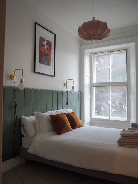 Bedroom Green Headboard, Bedroom With Headboard Wall, Oversized Upholstered Headboard, Fabric Headboard Wall, Wide Upholstered Headboard, Diy Foam Headboard Ideas, Cushioned Headboard Bedroom, Loft Primary Bedroom, Upholstered Headboard Panels