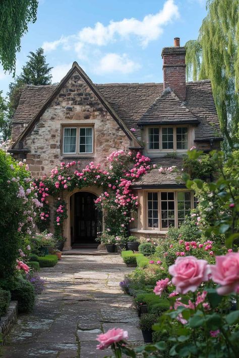 Cottage Exterior Home rose garden pink House With Rose Garden, Rose Covered Cottage, Rose Cottage Garden, Cute Exterior House, Spring House Exterior, Dream Home Cottage, Pink Cottage House, Cute House Exterior, Cottagecore House Exterior