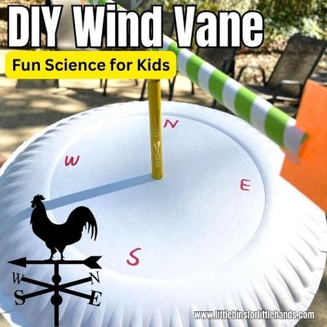 Learn about wind direction with an easy to make DIY wind vane for a fun weather activity at home or in the classroom. Wind Science Preschool, Measuring Weather Activities, Wind Kindergarten Activities, Stem Weather Activities, Weather Activities Elementary, Wind Science Experiments For Kids, Weather Stem Activities Elementary, Weather Experiments Elementary, Wind Experiments Preschool