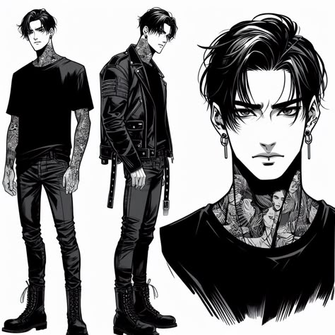 Anime Guy With Piercings, Anime Men With Tattoos, Anime Boy With Piercings, Body Suit Tattoo Men, Black Hair Men Aesthetic, Anime Guys With Tattoos, Bad Boy Drawing, Male Outfits Drawing, Black Haired Male