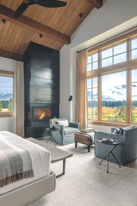 Fireplace In The Corner, Mountain Bedroom, Mountain Home Interiors, Style Me Pretty Living, Mountain Living, Bedroom Retreat, Home Fireplace, In The Corner, Mountain Home