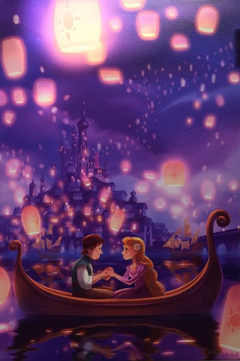 Rapunzel Y Flynn, Bill Robinson, Tangled Painting, Disney Canvas Art, Rapunzel And Flynn, Art Postcards, Disney Canvas, Rapunzel And Eugene, Floating Lights