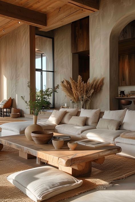 Immerse yourself in over 90 inspirations for timeless sophistication in Wabi Sabi living rooms. Discover the beauty of imperfection with simplicity, natural features, and harmonious layout. From handcrafted pieces to earth-toned palettes, shape a space filled with warmth and authenticity. #WabiSabiLivingRoom #TimelessSophistication #EmbraceImperfection Interior Design Living Room Earth Tones, Mid Century Modern Wabi Sabi, Japandi And Wabi Sabi, Decorating Ideas For The Home 2024, Salon Wabi Sabi, Warm Wood Living Room, Natural Interior Design Earth, Wabi Sabi Living Room Interior Design, Earth Tone Interior Design