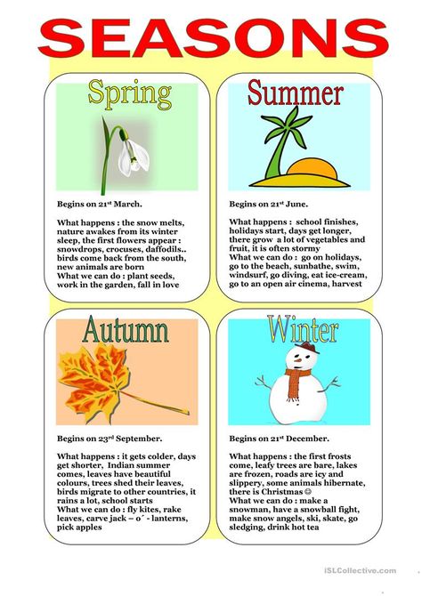 Story Worksheet, Seasons Lessons, Seasons Worksheets, Spring Worksheet, Teaching English Grammar, English Worksheets For Kids, English Lessons For Kids, English Activities, English Reading