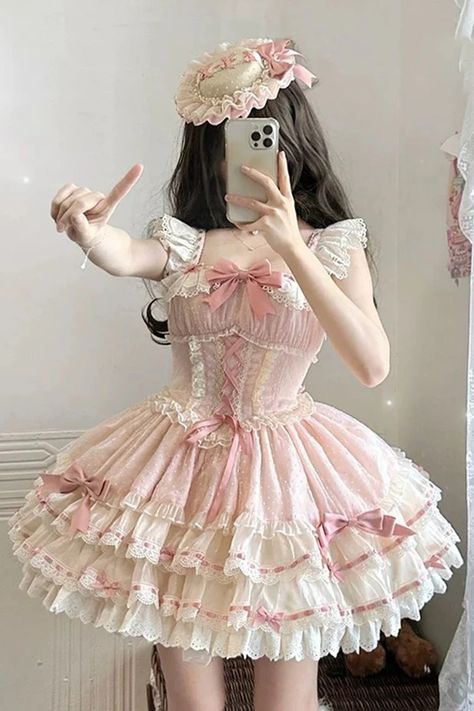 Fabric: High quality fabrics Color: Pink Feature: Triple-Layered, Bowknot, Lace-Up Style: Sweet, Princess, Ballet Include: Dress*1 (Any of the accessory is not Cute Kawaii Outfits, Kawaii Outfit Ideas, Dolly Dress, Pretty Quinceanera Dresses, Lolita Outfits, Dress Design Sketches, Kawaii Fashion Outfits, Dress Aesthetic, Butterfly Dress