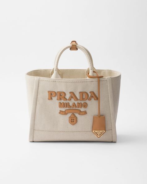 Natural Large Linen Blend Tote Bag | PRADA Prada Tote Bag, Embroidered Tote Bag, Embroidered Tote, Modern Accessories, Leather Keyring, Dolce E Gabbana, Leather Key, Lady Dior, Men's Accessories