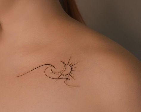 Sun Moon Stars Waves Tattoo, Sun Moon And Ocean Tattoo, Sleeve Tattoos Japanese, Tattoo Ideas Minimalist, Tattoo Sonne, Tattoos Japanese, Tattoos Watercolor, Tiny Tattoos For Women, Tattoos Traditional