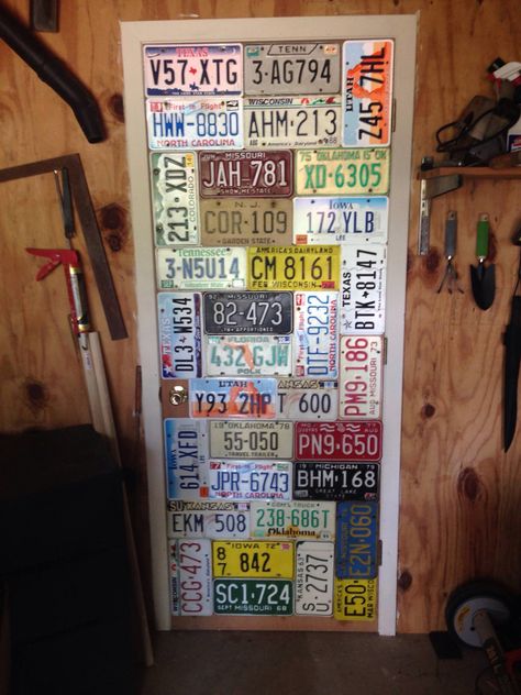 My husband's idea of how to display license plates. It turned out really cool. License Plate Ideas, License Plate Decor, License Plate Crafts, Old License Plates, Mail And Key Holder, License Plate Art, Perfect Bar, Cool Garages, Plate Ideas