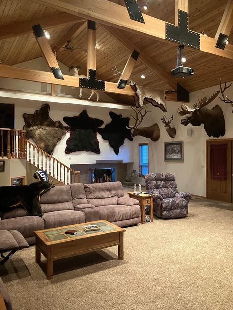 Hunting Trophy Room, Backyard Pub Shed, Backyard Pub, Custom Stone Fireplace, Ranch House Decor, Log Home Floor Plans, Pub Sheds, Hunting Room, Hunting Decor