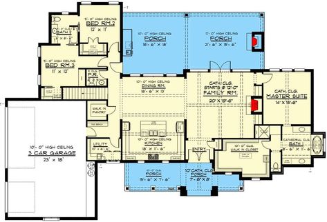 Modern One Story Farmhouse, Closed Floor Plan, Bed Layout, Large Front Porch, American House Plans, Shed Dormer, Kitchen Floor Plans, Floor Plan Layout, Jack And Jill Bathroom