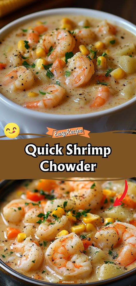 Dive into the creamy, comforting depths of this shrimp chowder, packed with tender shrimp and perfectly seasoned for a cozy meal. #ShrimpChowder #SeafoodSoup #ComfortFood Creamy Shrimp Chowder, Shrimp Stew With Potatoes, Shrimp Soups And Stews, Shrimp Potato Recipes, Sweet Corn And Shrimp Chowder, Seafood Soups And Chowders, Soups With Shrimp, Shrimp Soup Recipes Easy, Shrimp Chowder Recipe