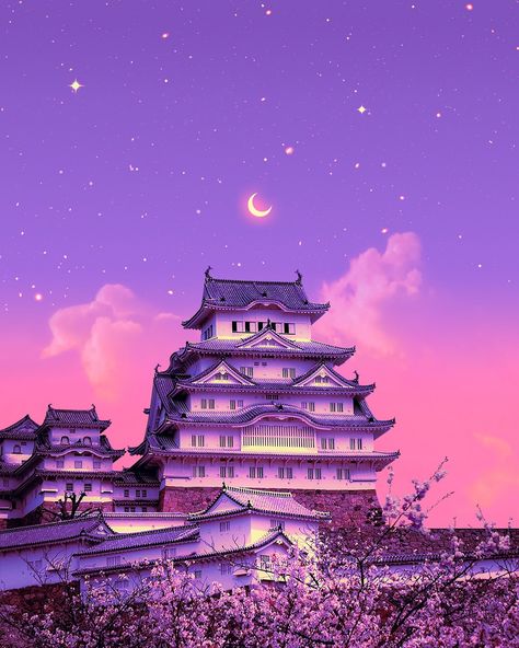 Himeji Castle 💜🏯🌙 #japaneseart #vaporwave #himejicastle #purplesky #softaesthetic | Instagram Himeji Castle, Asian Aesthetic, Yae Miko, Japanese Landscape, Purple Sky, February 9, Purple Aesthetic, Japanese Art, Art Wallpaper