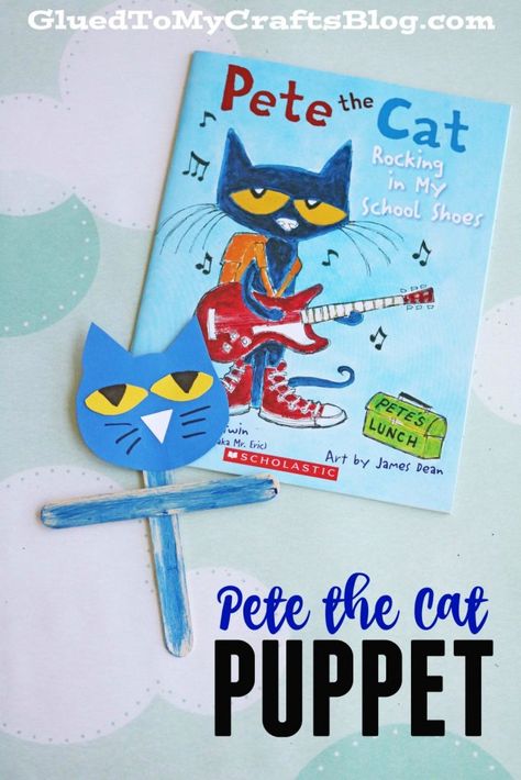 Pete the Cat Puppet - Kid Craft Pete The Cat Buttons, Cat Crafts Preschool, Pete The Cat Art, Storybook Crafts, Cats Crafts, Time Craft, Storytime Crafts, Pete The Cats, Kindergarten Readiness