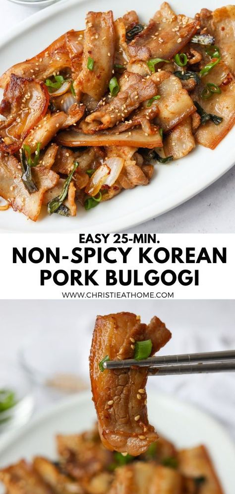 Quick & Easy Korean Pork Bulgogi. Juicy, sweet, smoky pork belly that is not spicy like the traditional version but is still so flavourful! #korean bbq pork #pork bulgogi recipe #korean food bulgogi Korean Pork Bulgogi, Recipe Korean Food, Vegan Bulgogi, Korean Food Bulgogi, Pork Belly Recipes Easy, Pork Bulgogi Recipe, Korean Bbq Pork, Asian Pork Belly, Korean Pork Belly