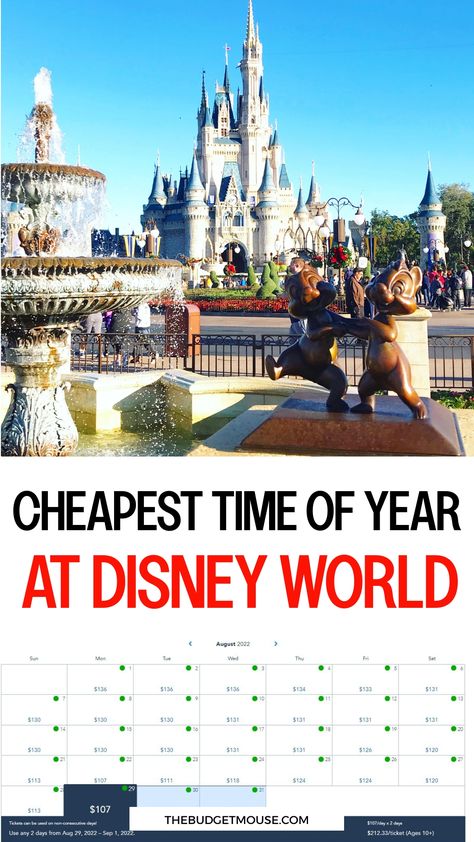 Cinderella Castle at Disney World with a calendar displaying the cheapest dates in August 2022. Family Trip To Disney World, Disney World On A Budget, Disney Budget, Saving For Disney, Save For Disney In A Year, Best Time To Go To Disney World, Disney Savings Plan, Disney Budget Tips, Disney On A Budget 2024