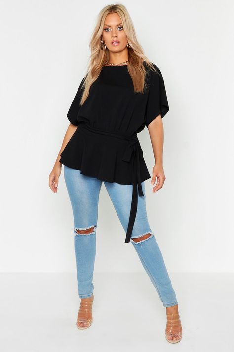 Plus Slash Neck Tie Waist Peplum Hem Top | boohoo Gera, Plus Size Outfits, Peplum Hem, Pantalon Large, Hem Top, Plus Size Top, Plus Size Tops, Top Trends, Neck Tie