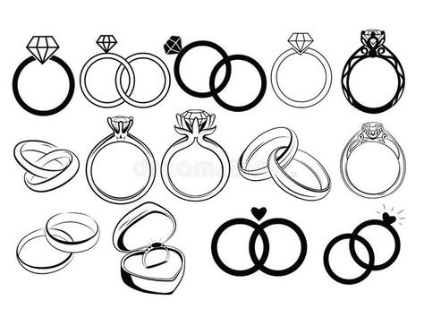 Set of wedding rings. Collection of engagement rings. Black white illustration of jewelry for a wedding. Ring logo stock illustration Drawing Of Wedding Rings, Two Rings Drawing, Engagement Rings Drawing, Ring Illustration Drawing, Engagement Ring Drawing, Wedding Ring Illustration, Ring Logo Design, Engagement Logo, Wedding Ring Logo