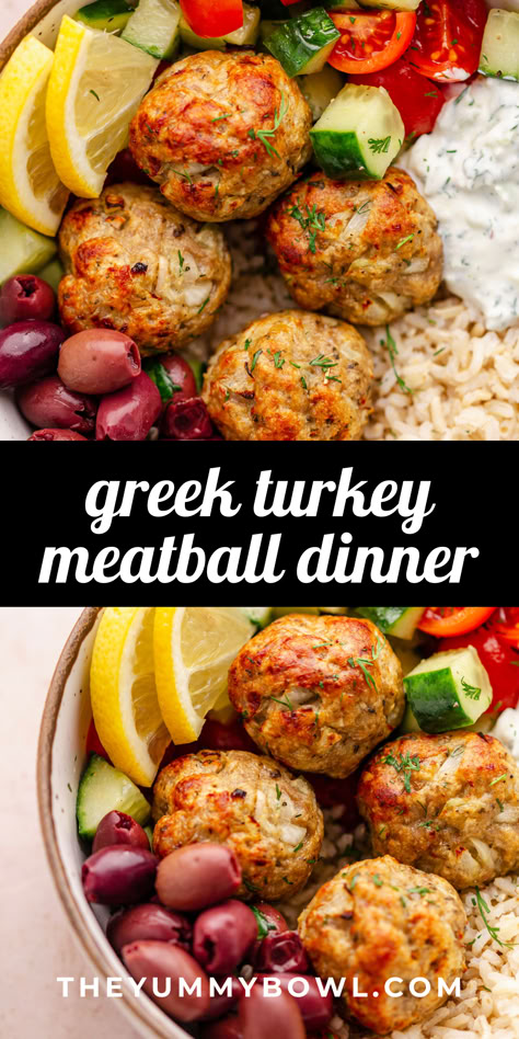 turkey meatballs served with brown rice, tzatziki sauce, olives and cucumber salad. Clean Eating Turkey Recipes, Ground Turkey Summer Recipes, Turkey Meatball Rice Bowl, Medeteranian Bowl Recipes, Greek Bowls Ground Turkey, Mediterranean Turkey Bowl, Greek Meatball Bowl, Greek Turkey Bowls, Ground Turkey Greek Bowl