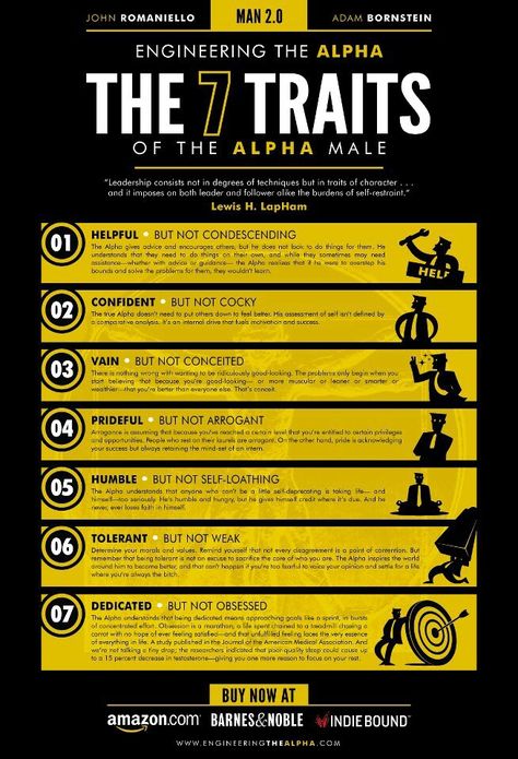 7 Traits of an Alpha Male -helpful, confident vain, prideful, humble, tolerant and dedicated Alpha Male Traits, Romantic Interest, Gentlemens Guide, Fitness Hacks, Gentleman Rules, Gentlemans Guide, Gentleman Quotes, Feel Empowered, Popular Workouts