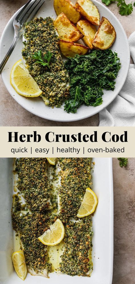 This oven-baked herb crusted cod recipe is a simple, healthy, and delicious dinner idea. The herb crust is made with nutritious almond flour instead of breadcrumbs or panko. Quick + easy, all you need are 9 ingredients and 30-minutes to make it! Recipe is gluten-free and dairy-free. Aip Cod Recipes, Whole 30 Fish Recipes, Crusted Cod Recipes, Cod Dinners, Healthy Cod Recipes, Aip Dinners, Cod Recipes Healthy, Walder Wellness, Crusted Cod