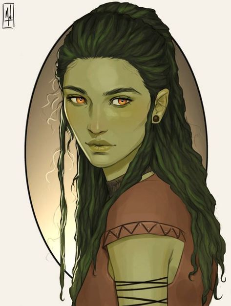 Character images for my dungeons and dragons characters (mostly females) - Album on Imgur Green Skin Character Art, Green Skinned Characters, Green Skin Character, Female Orc Character Design, Orc Fantasy Art, Orc Art, Drawing Hairstyles, Character Images, Green Skin