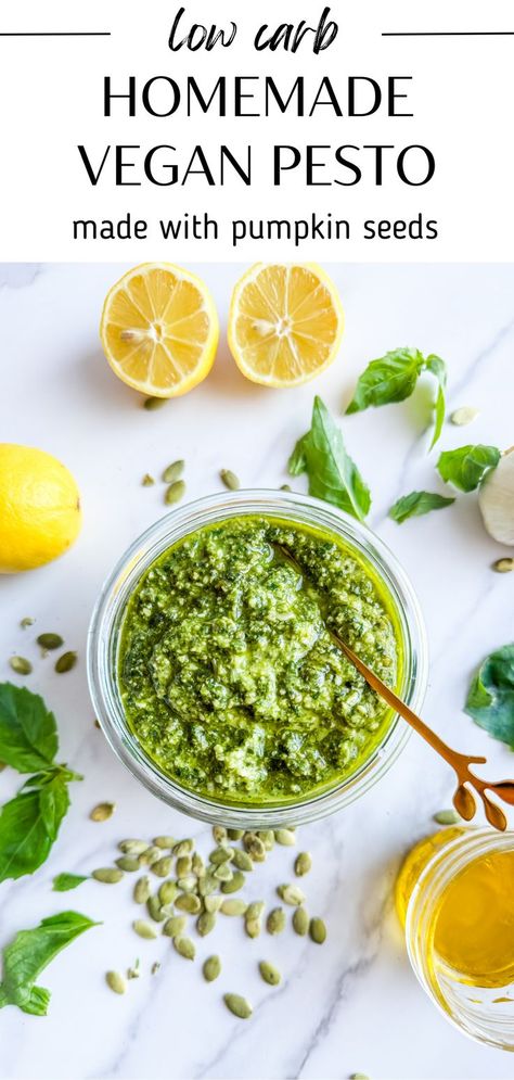 This homemade vegan pesto is paleo, dairy free and nut free! I created this recipe to taste just like the classic creamy basil pesto. This low carb pesto is quick and easy to meal prep to use for any weeknight dinner. Pesto Recipe No Nuts, Basil Recipes Vegan, Low Carb Pesto, Vegan Pesto Recipe, Nut Free Pesto, Dairy Free Pesto, Pesto Recipes, Basil Pesto Recipes, High Protein Dinner